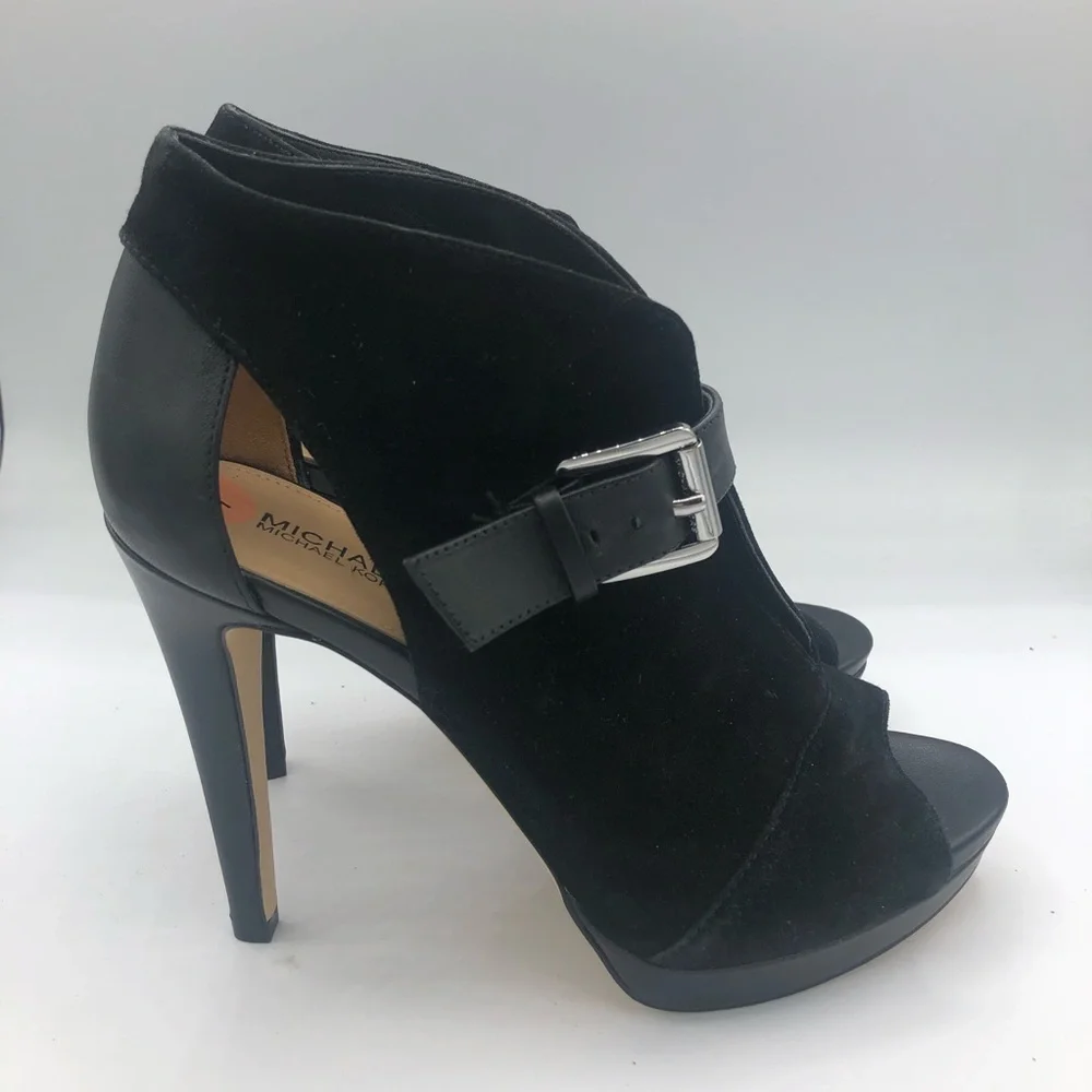 Michael Michael Kors Size 7 Black Leather Suede Isabella Open Toe Booties - Picture 5 of 8